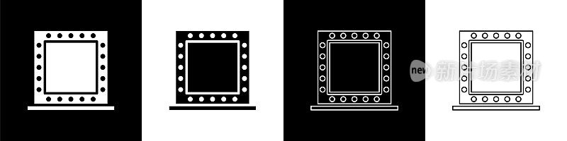 Set Makeup mirror with lights icon isolated on black and white background. Vector Illustration